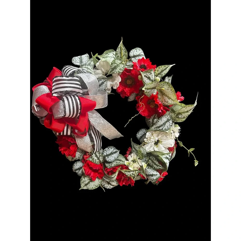 Colorful Spring Wreath; Faux Floral Door Accent; Red and White Wreath